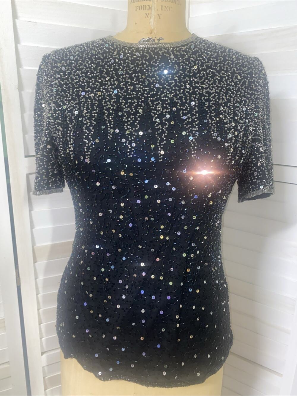 VTG 80s 90s Patra Petites Black Silk Blouse Top Shirt Beads Sequins Sz Medium